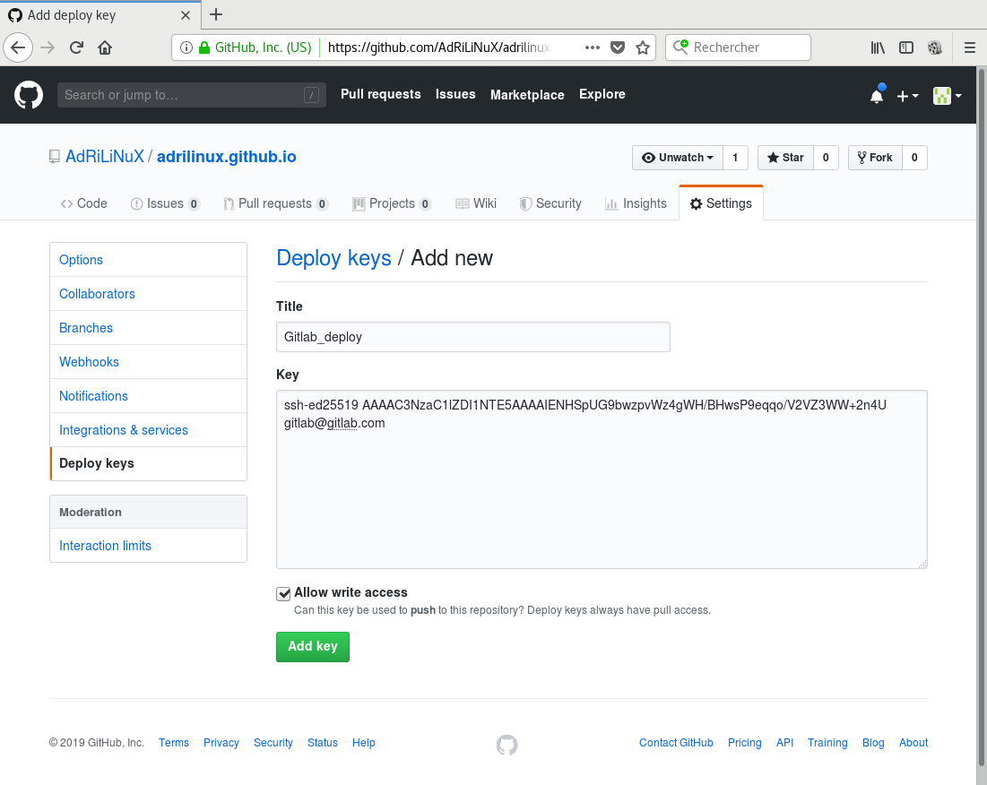 Ajout d’une clé dans un projet Github