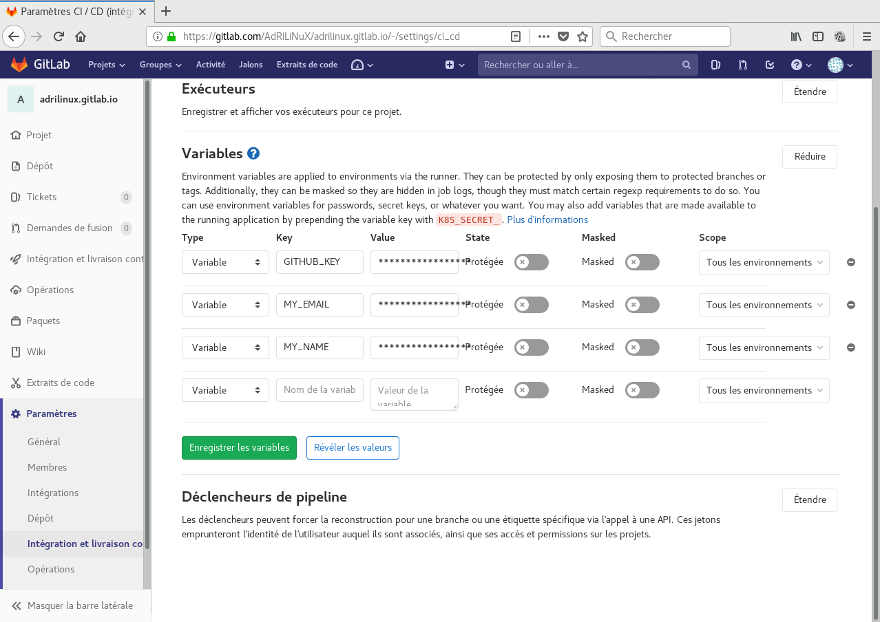 Ajout de la clé privée dans un projet Gitlab